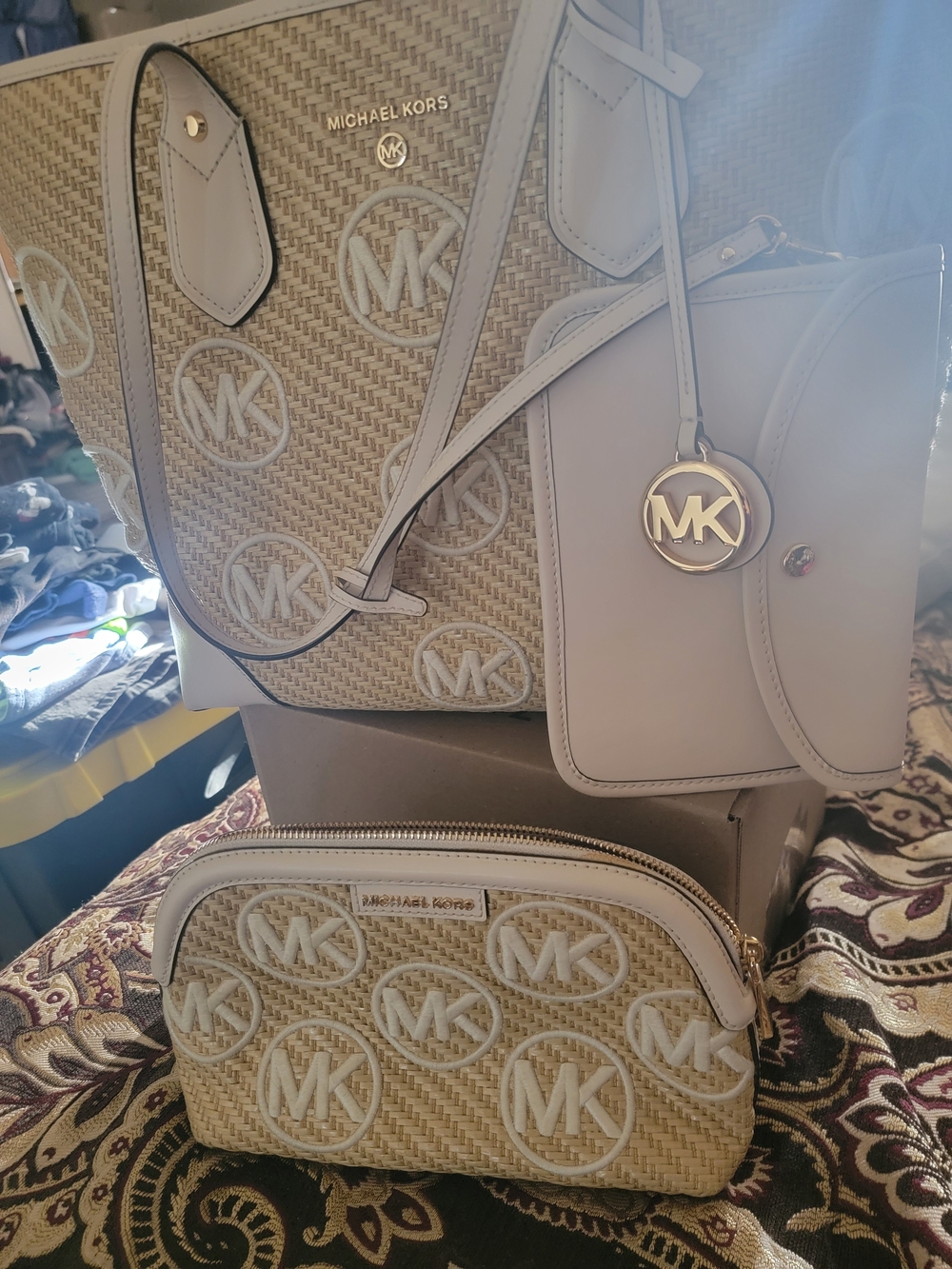 Michael Kors Beige Woven Logo Tote with Matching Pouch Set